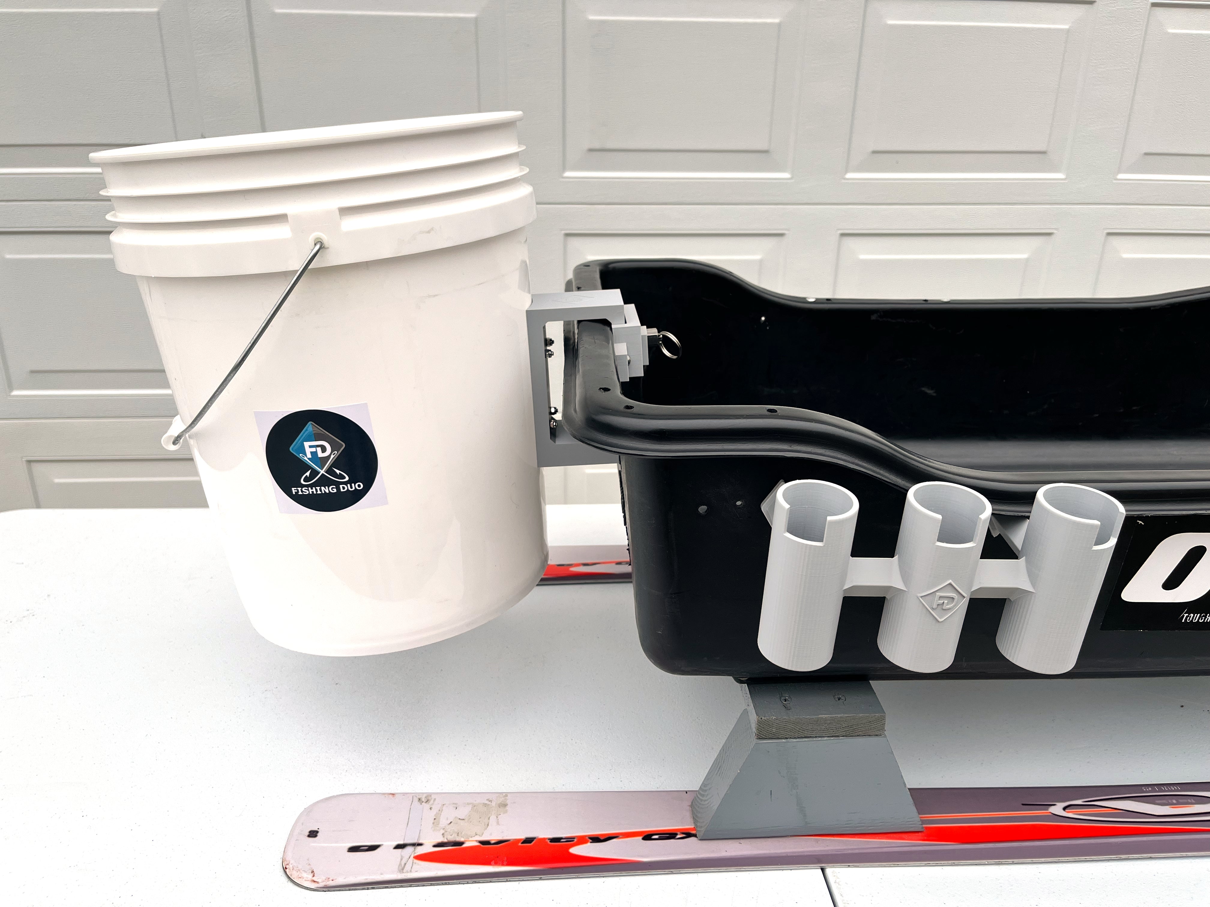 Ice Fishing Sled Bucket Bracket With Locking Clip, On Smitty Sled Bucket Attached