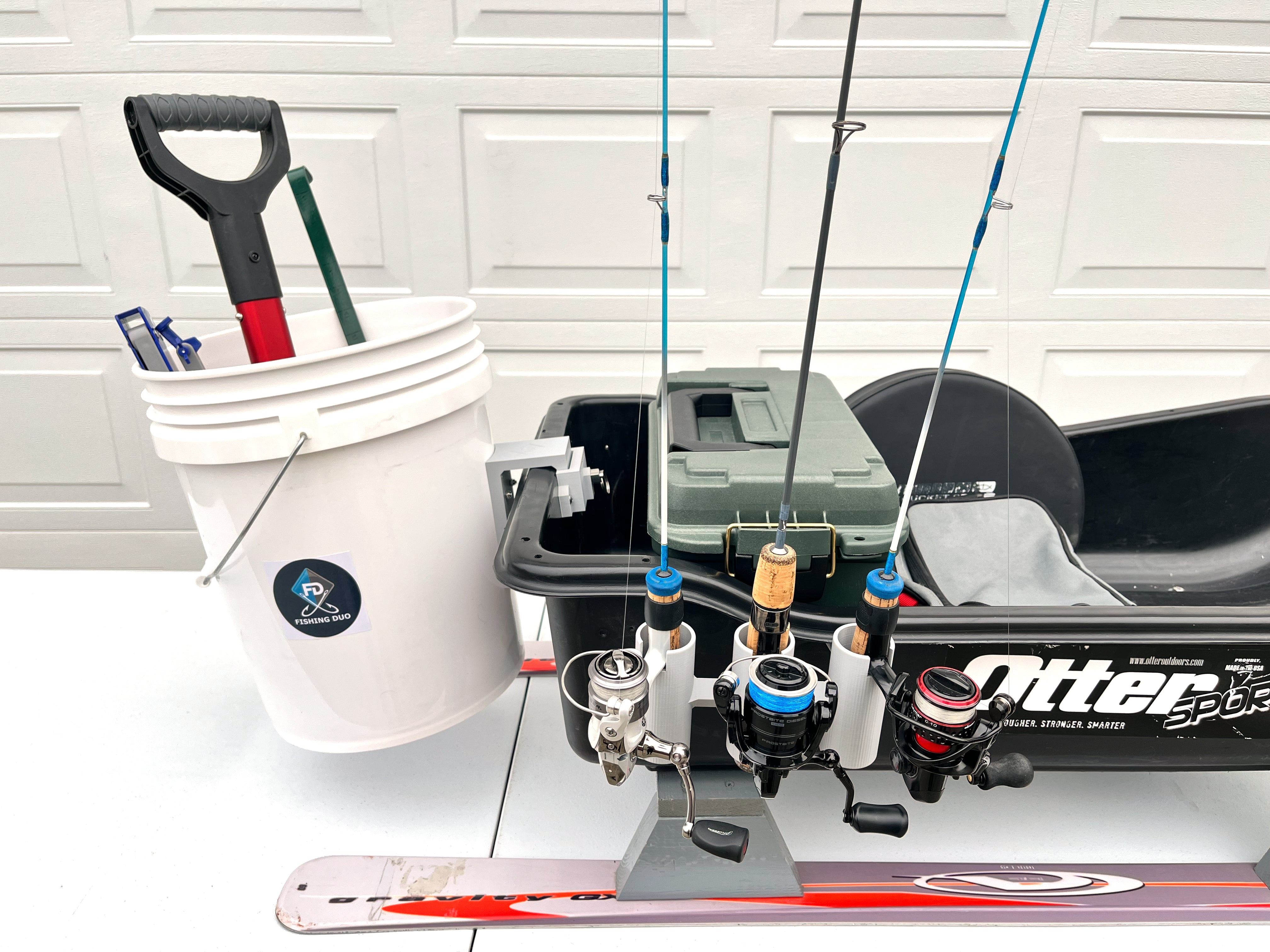 Ice Fishing Sled Bucket Bracket With Locking Clip, On Smitty Sled Bucket Attached With Gear