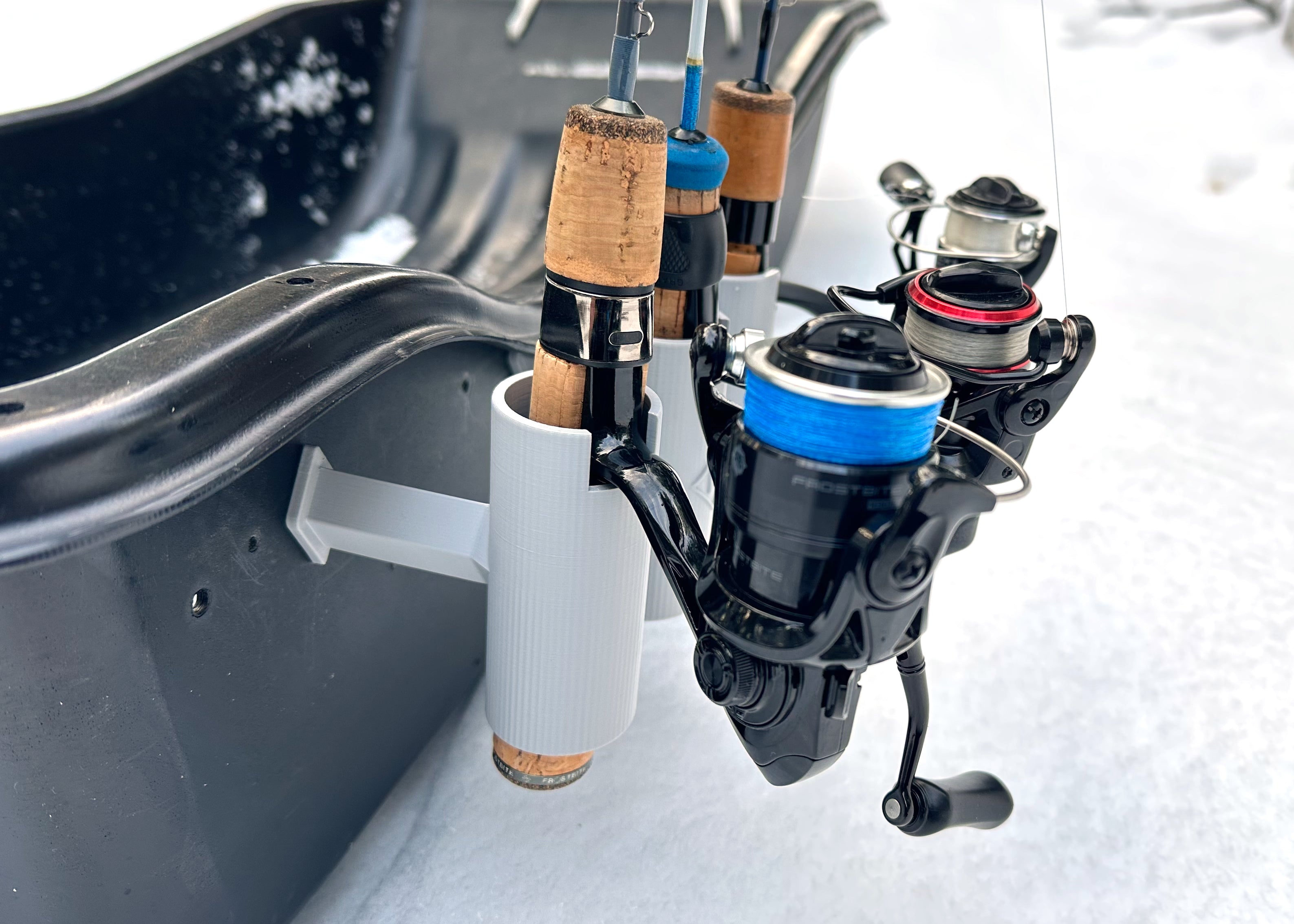 Ice Fishing Sled Rod Holder, Attached To Ice Sled With Three Rods Right Side