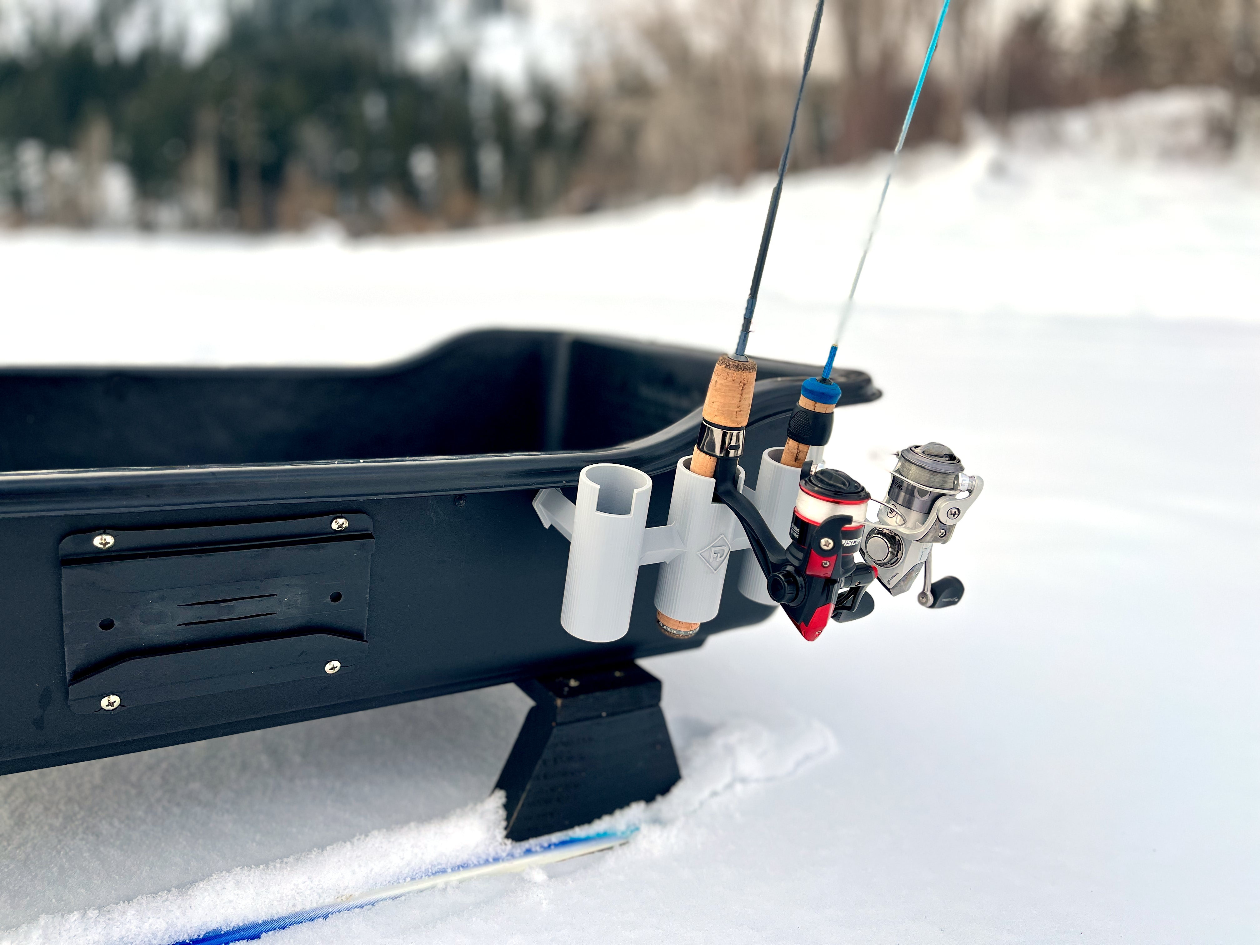 Ice Fishing Sled Rod Holder, Attached To Ice Sled with two rods